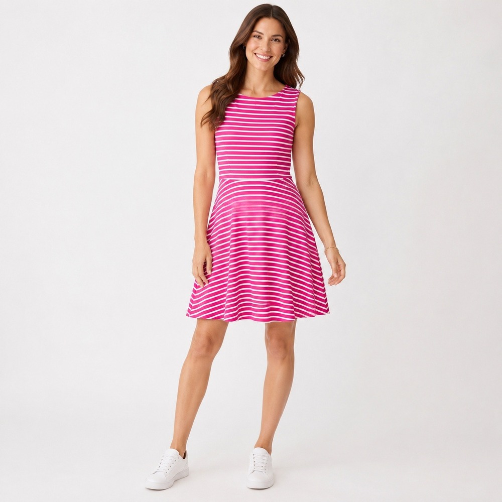 Talbots Womens Small Pink White Striped Fit & Flare Knit Dress Preppy Coastal